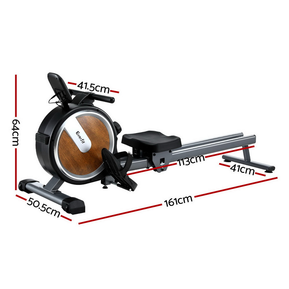 Everfit 16-level magnetic rowing machine with walnut finish, designed for home workouts, featuring app connectivity for fitness tracking.