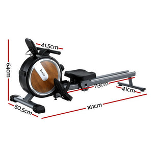 Everfit 16-level magnetic rowing machine with walnut finish, designed for home workouts, featuring app connectivity for fitness tracking.