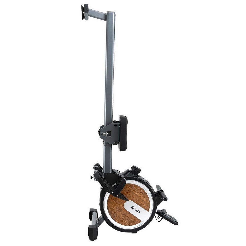 Everfit 16-level magnetic rowing machine with walnut finish, digital display, and app connectivity for home gym workouts.