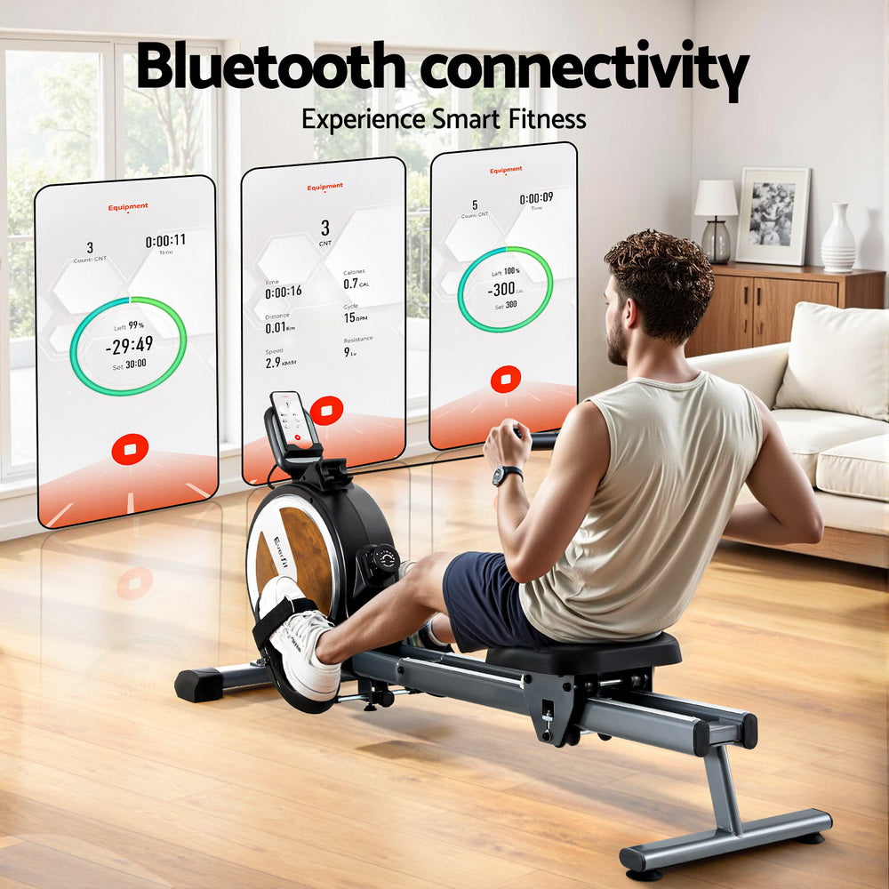 Everfit 16-level magnetic rowing machine with walnut finish, digital display, and app connectivity for home gym workouts.