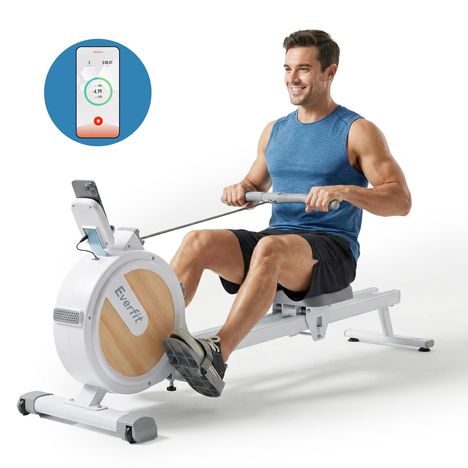 White Everfit magnetic rowing machine with digital display, quiet design, suitable for home use, from Online Fitness Depot.