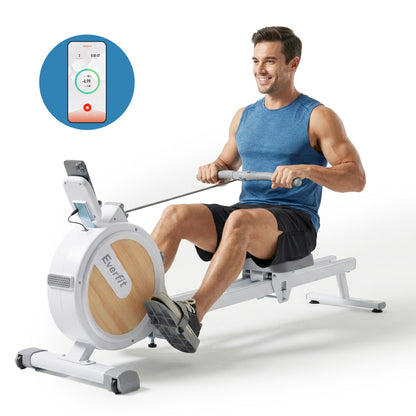 White Everfit magnetic rowing machine with digital display, quiet design, suitable for home use, from Online Fitness Depot.