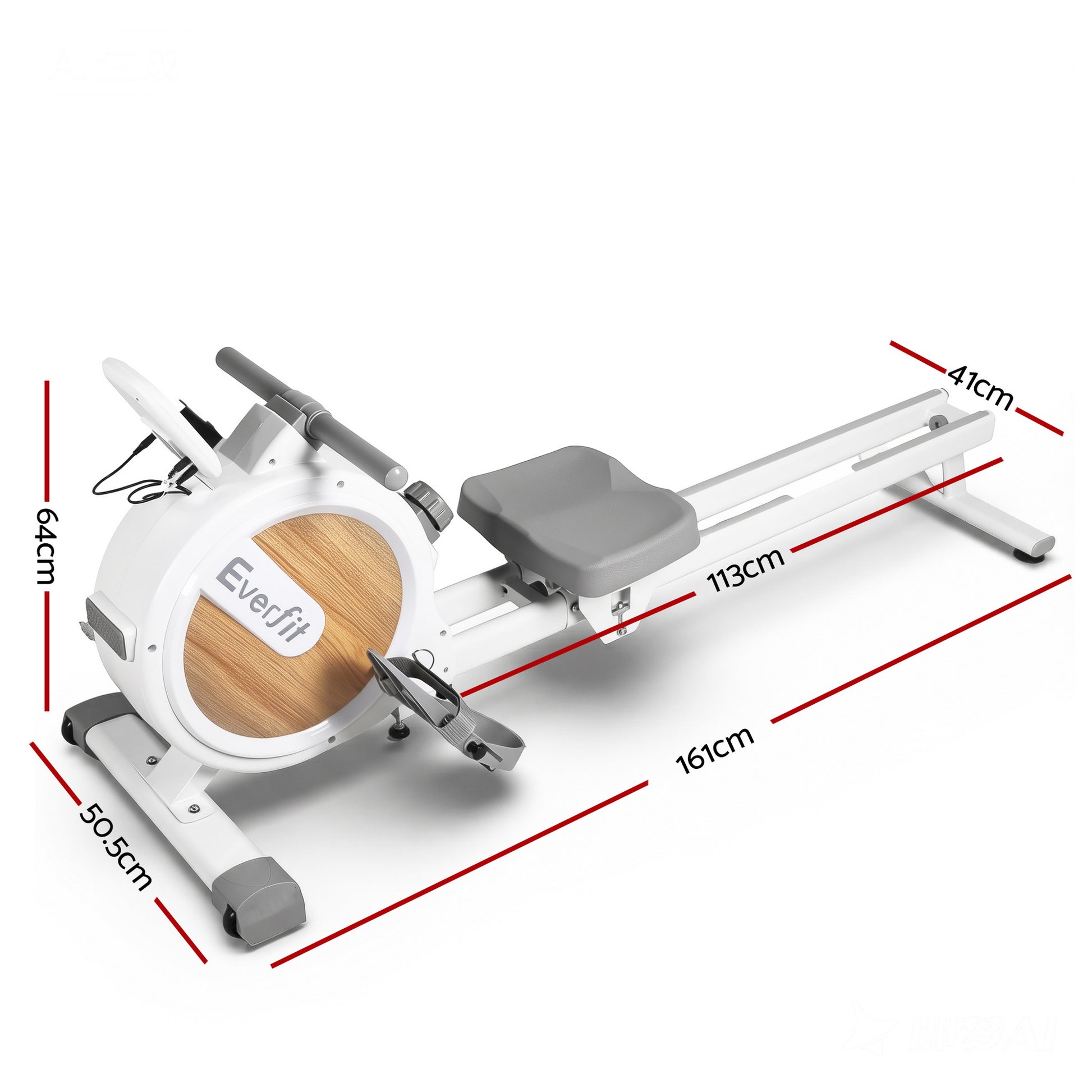 White Everfit magnetic rowing machine with digital display, quiet operation, ideal for home exercise and fitness.