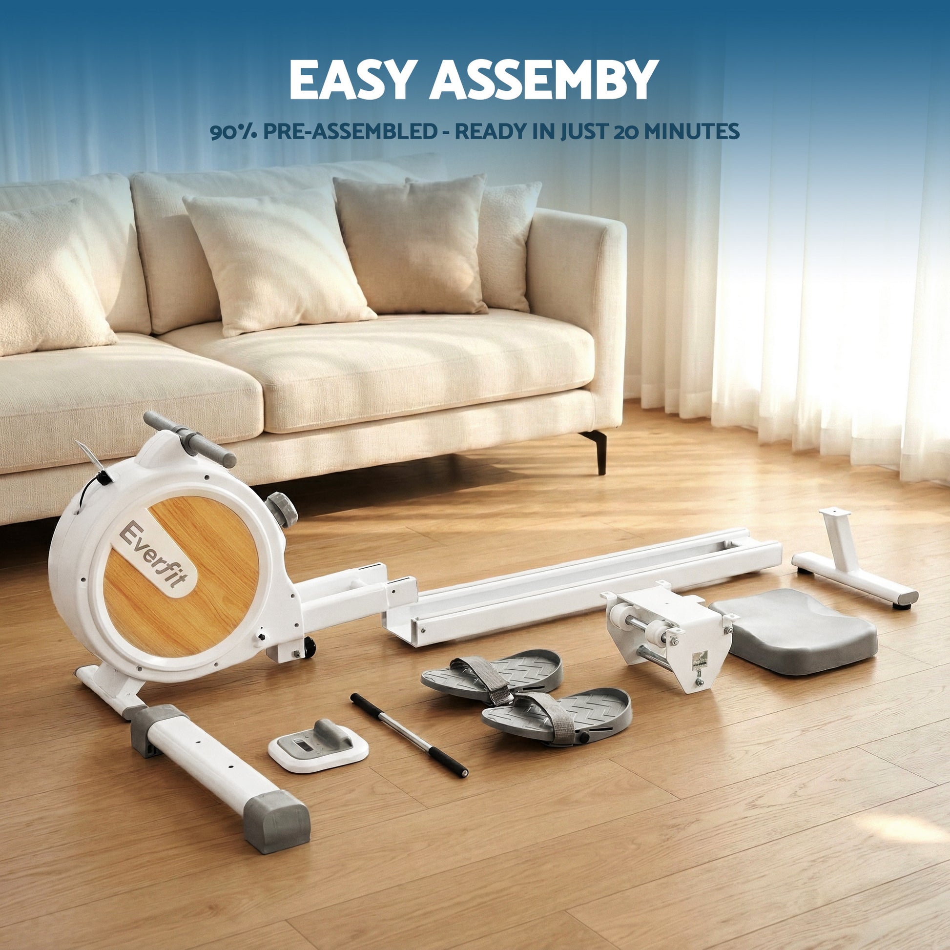 White Everfit magnetic rowing machine with digital display for home exercise, quiet gym equipment suitable for cardio workouts.