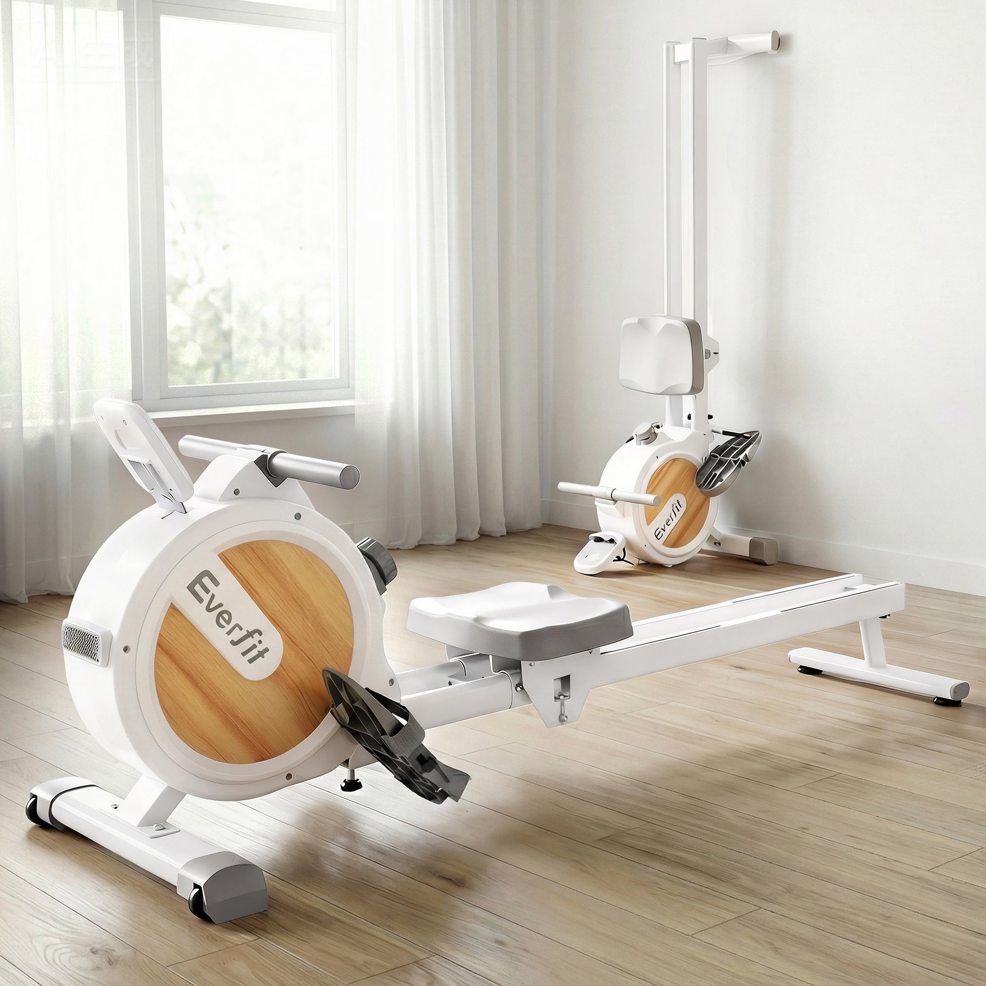 White Everfit magnetic rowing machine with digital display, quiet design, ideal for home exercise and compatible with fitness apps.