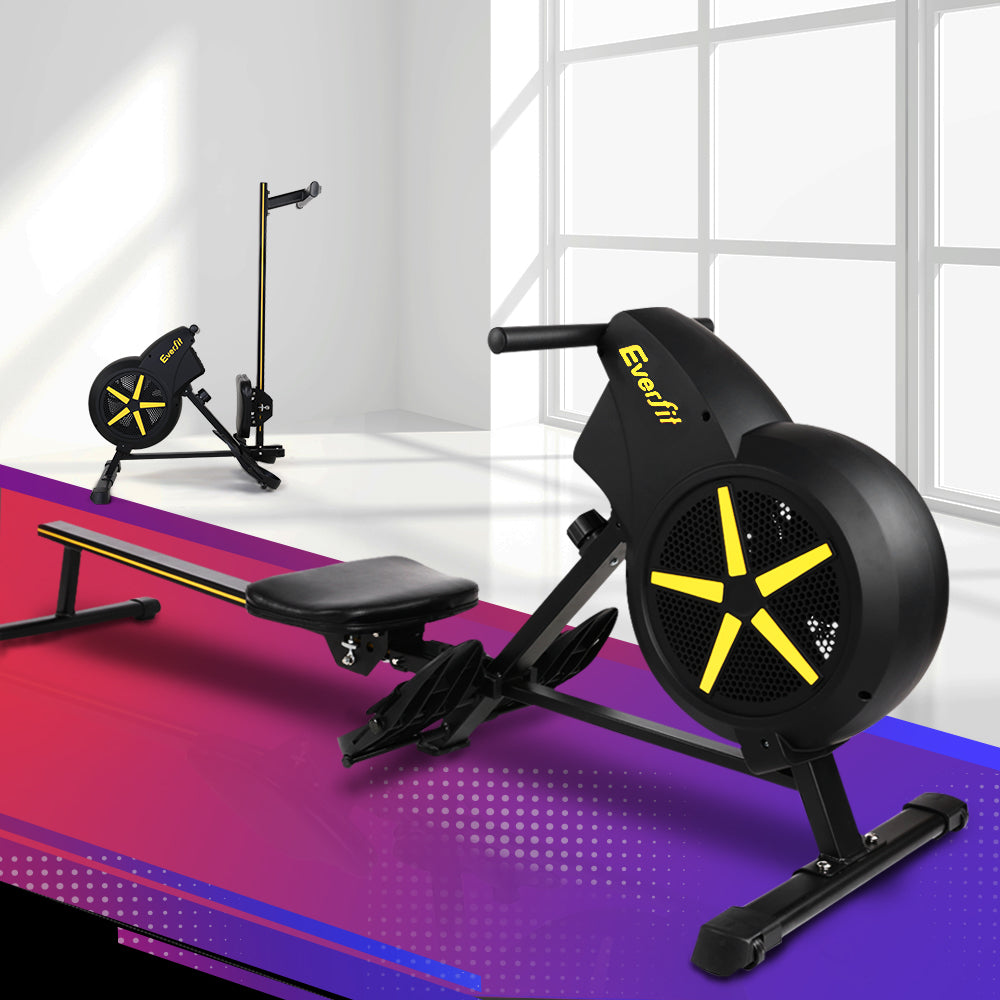 Black Everfit air rowing machine for home exercise, featuring adjustable resistance and digital display for effective cardio workouts.