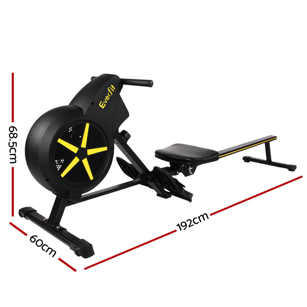 Black Everfit air rowing machine for home gym, featuring a digital display and adjustable resistance for cardio workouts.