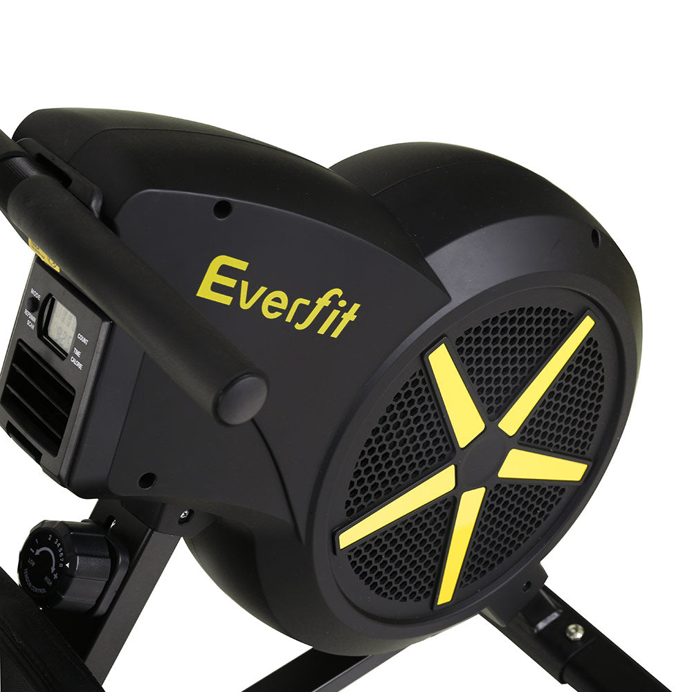 Black Everfit rowing machine from Online Fitness Depot, air resistance exercise bike for cardio workouts at home or gym.