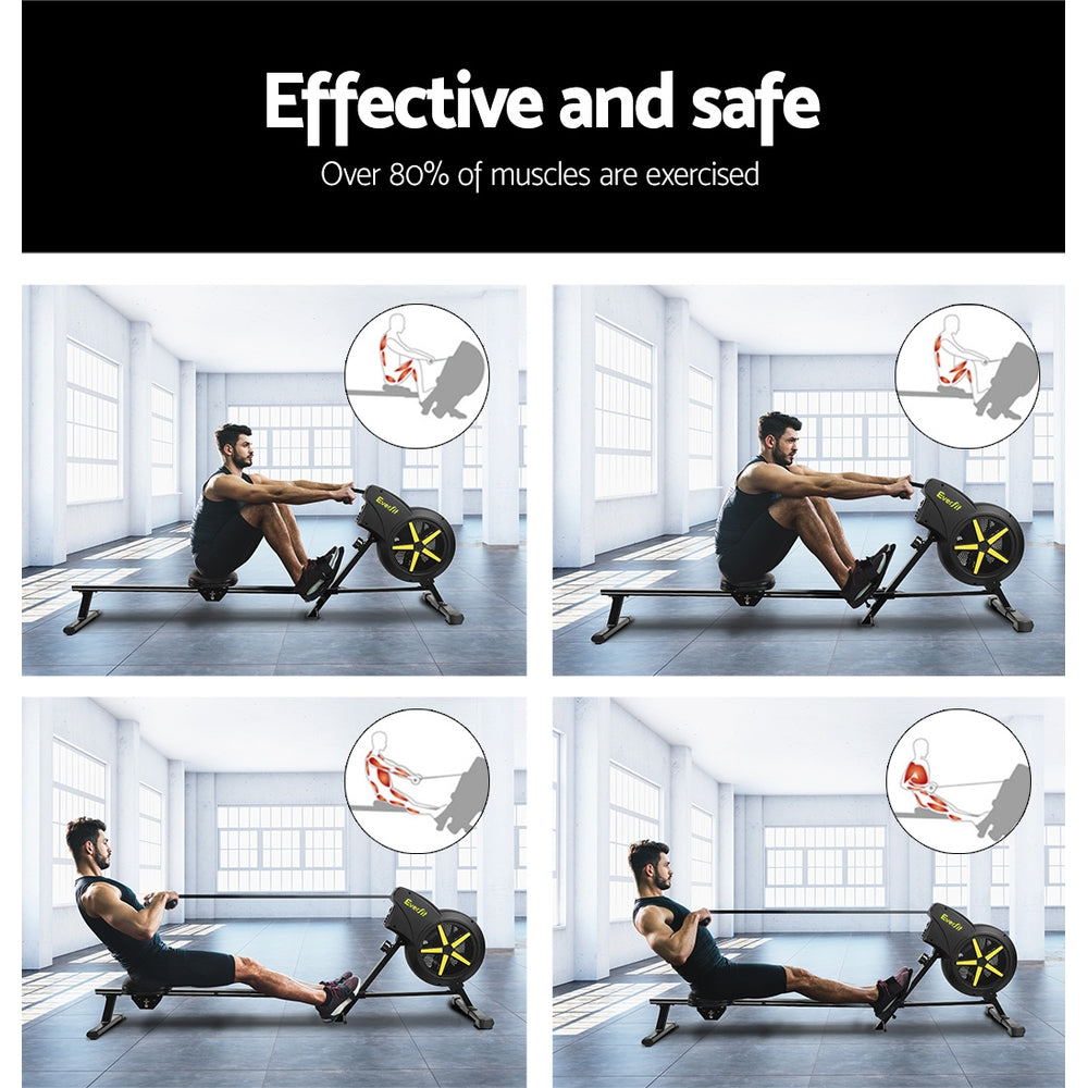 Black Everfit rowing machine for exercise and cardio workouts, featuring a sleek design and digital display for home gym use.