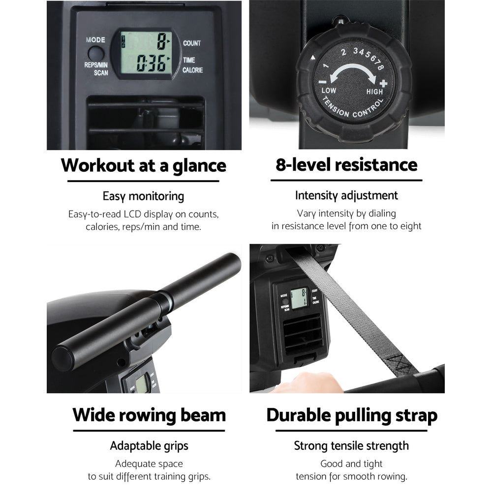 Black Everfit rowing machine for cardio workouts, featuring a sleek design and adjustable resistance for home gym exercise.
