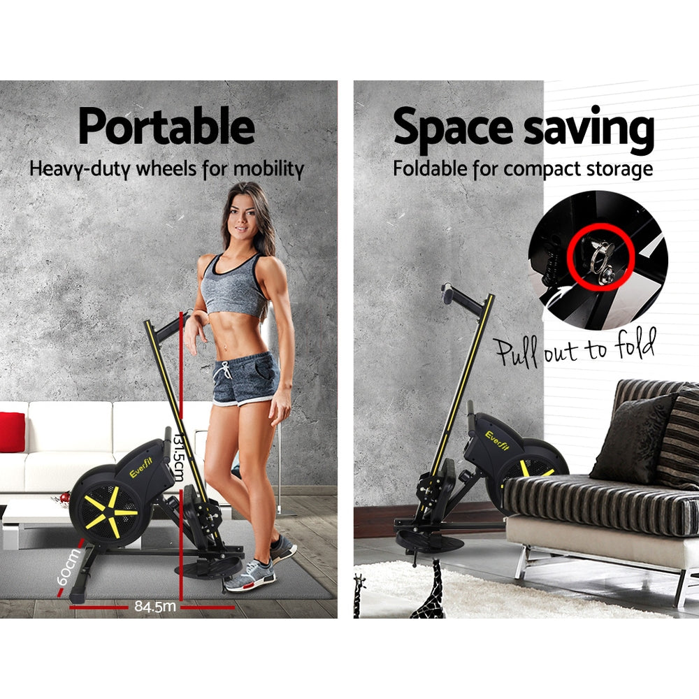Black Everfit air rowing machine for cardio workouts, featuring a digital display and adjustable resistance for home gym fitness.