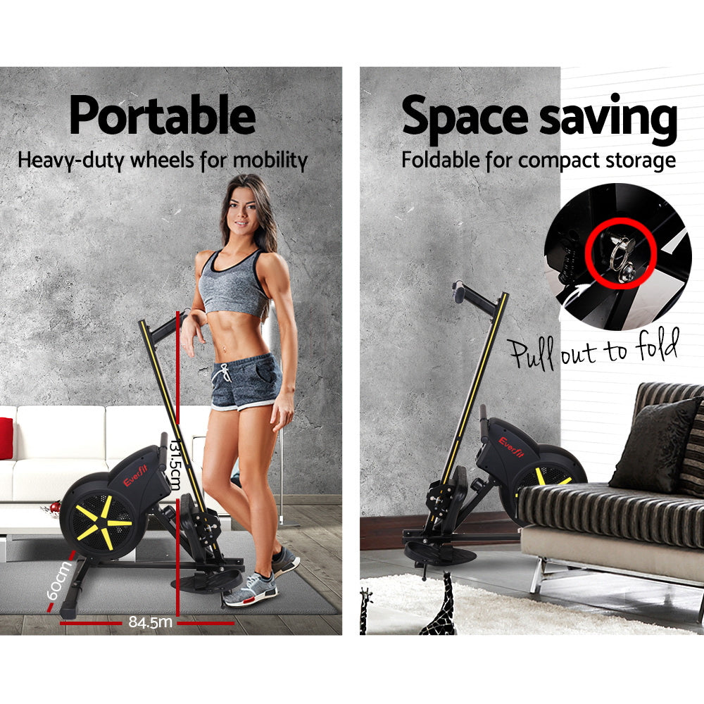 Black Everfit rowing machine for cardio workouts, featuring digital display and adjustable resistance for home gym exercise.