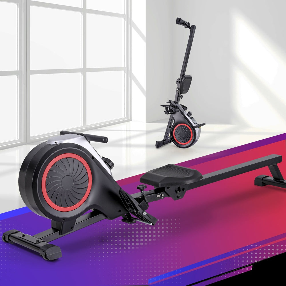 Black Everfit foldable magnetic rowing machine with 16 resistance levels, suitable for cardio workouts at home.