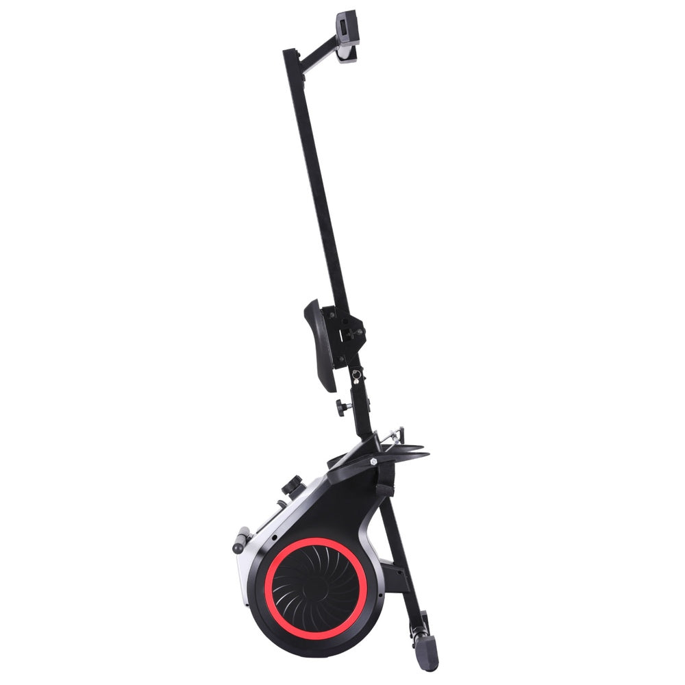 Black Everfit rowing machine with 16 adjustable magnetic resistance levels, foldable design for home gym cardio workouts.