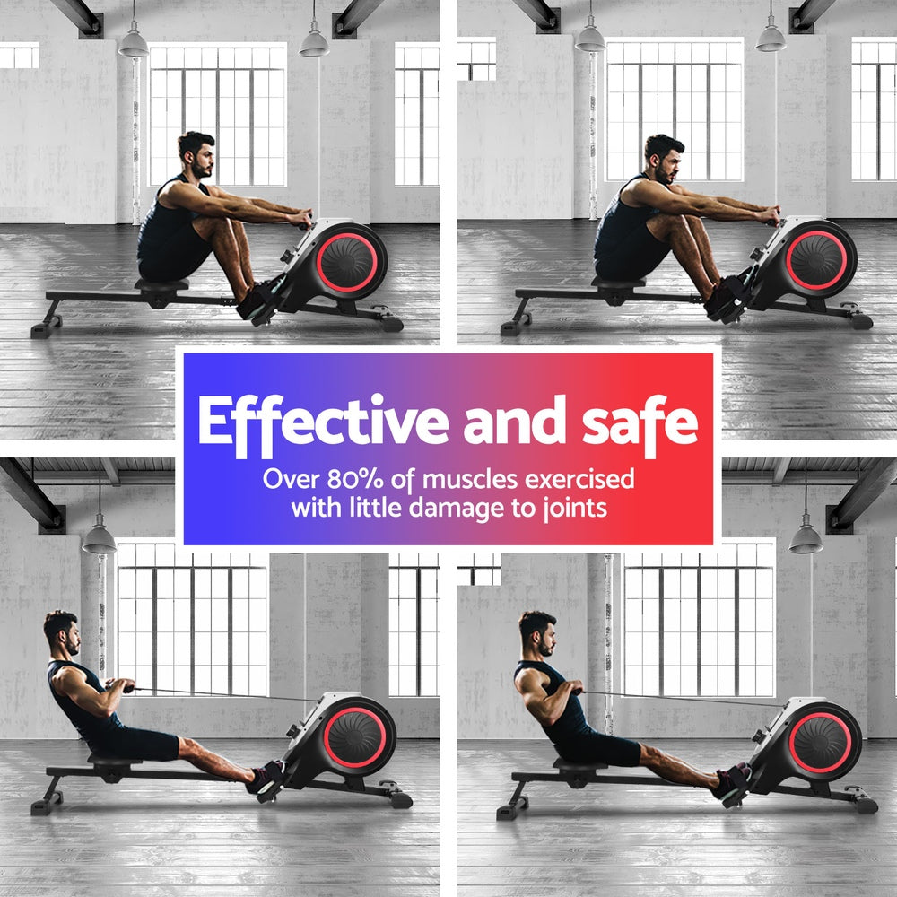 Black Everfit foldable magnetic rowing machine with 16 resistance levels for cardio workout, designed for home gym exercise.
