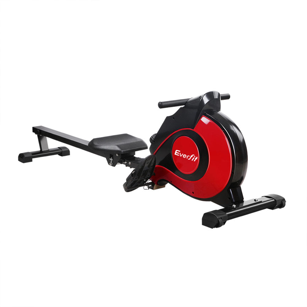 Red Everfit rowing machine with magnetic resistance, exercise handle, digital display, and adjustable footrests for home gym cardio workouts.
