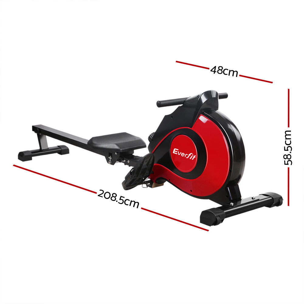 Red Everfit rowing machine with magnetic resistance for home gym cardio workout, featuring a sleek design and adjustable settings.
