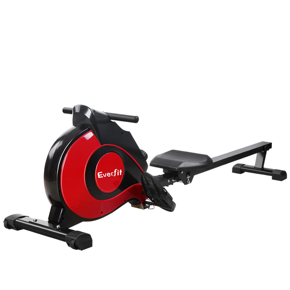 Red Everfit rowing machine with magnetic resistance for home gym cardio workout, featuring a sleek design and adjustable settings.