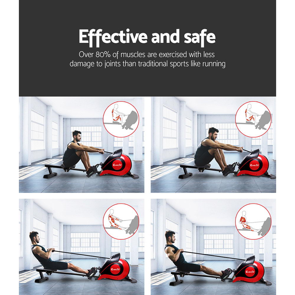 Red Everfit rowing machine with magnetic resistance, ideal for home cardio workout, featuring adjustable settings and digital display.