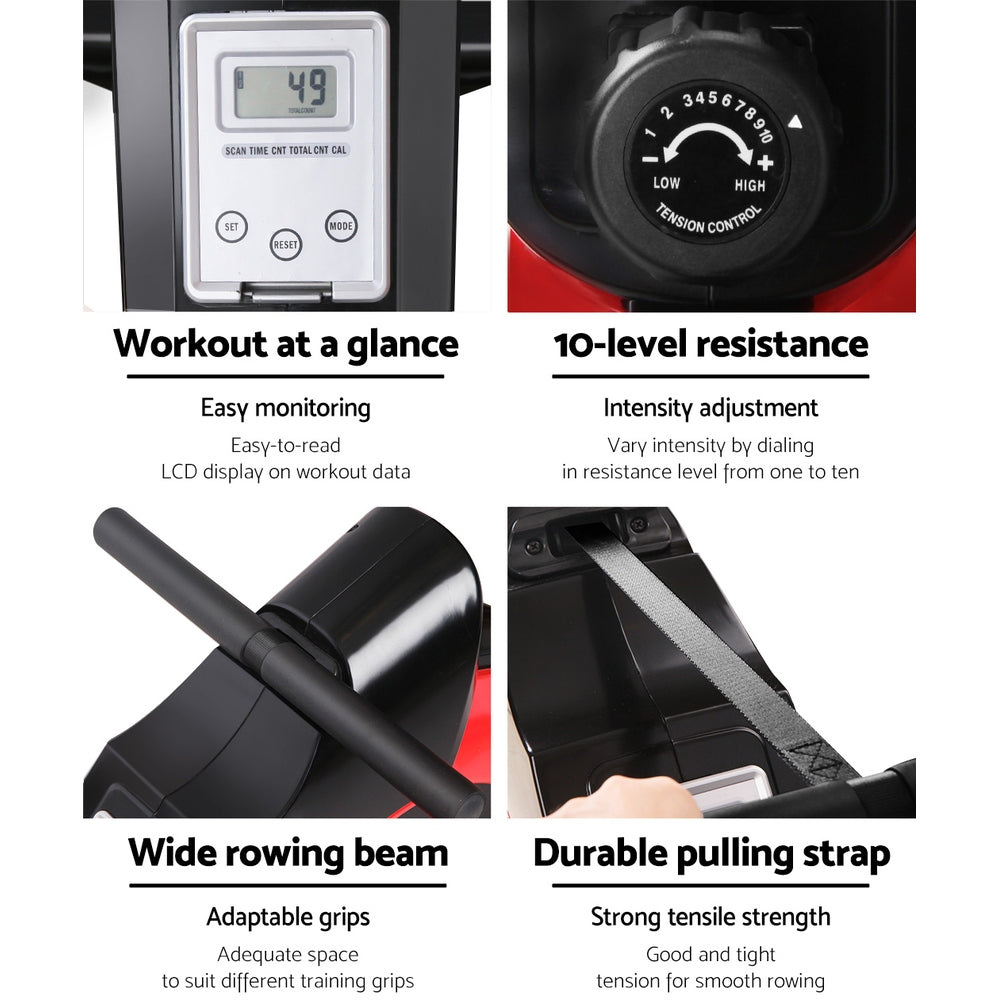 Red Everfit rowing machine with magnetic resistance for home cardio workouts, featuring digital display and adjustable seat.