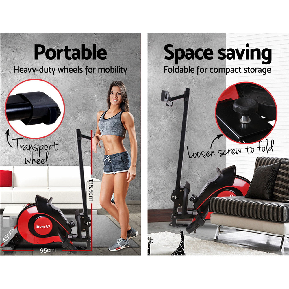 Red Everfit rowing machine with magnetic resistance, ideal for home gym cardio workouts, featuring a sleek design and adjustable settings.