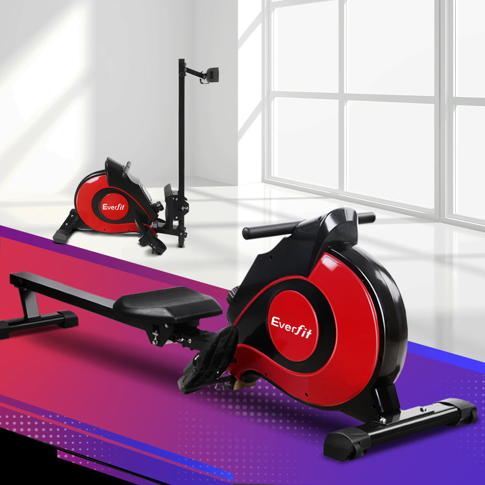 Red magnetic resistance rowing machine by Online Fitness Depot, ideal for home cardio workouts and strength training.