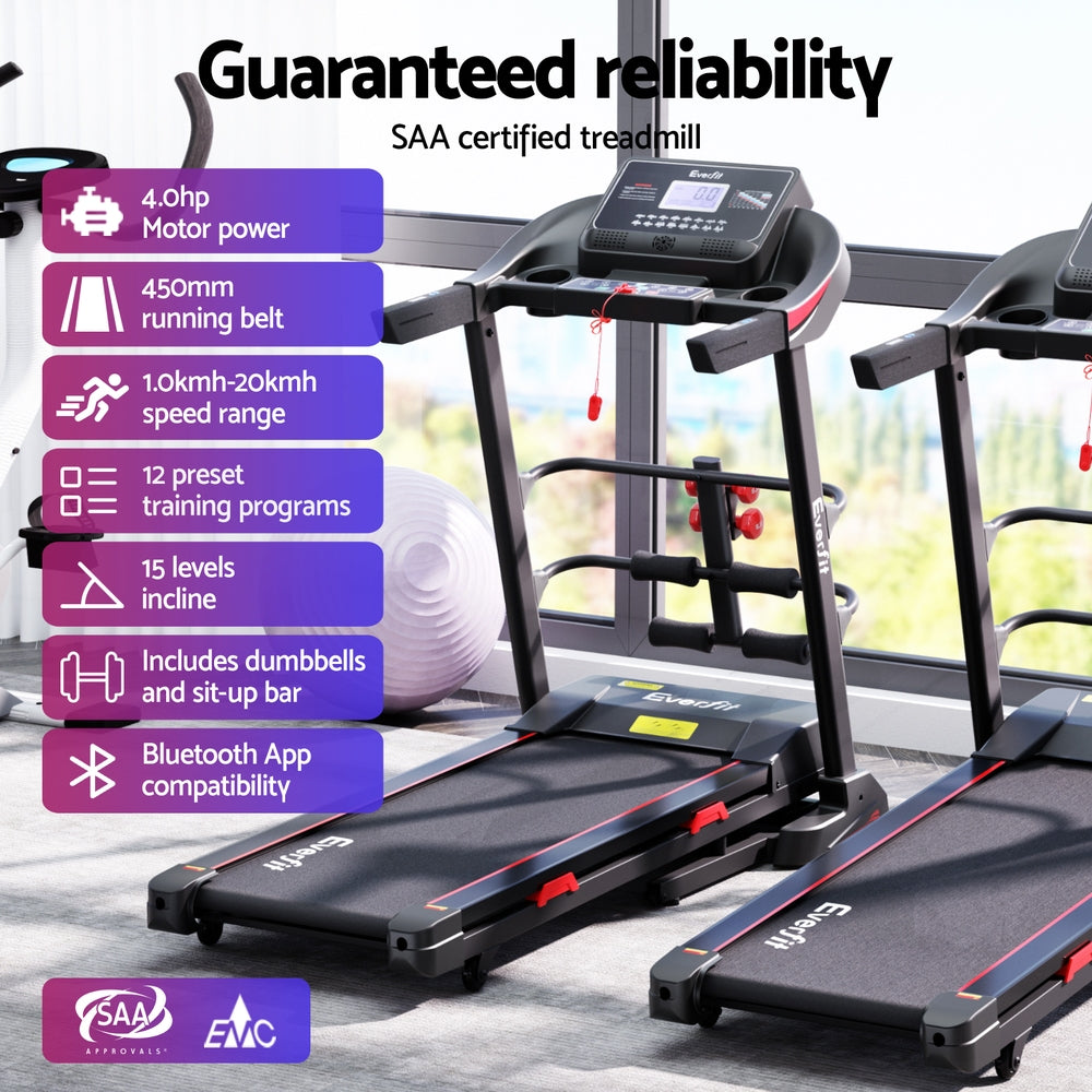 Electric treadmill from Online Fitness Depot featuring a sit-up bar, 450mm running belt, ideal for home gym fitness workouts.