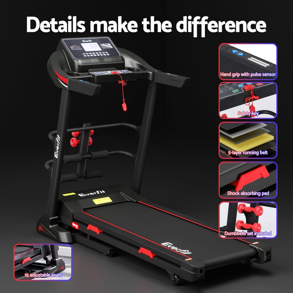 Electric treadmill by Online Fitness Depot with sit-up bar, 450mm belt width, designed for home gym and fitness exercises.