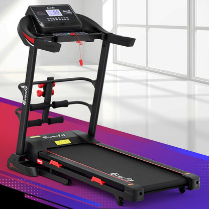 Everfit electric treadmill with sit-up bar for home gym, featuring a 450mm running belt and fitness exercise capabilities.