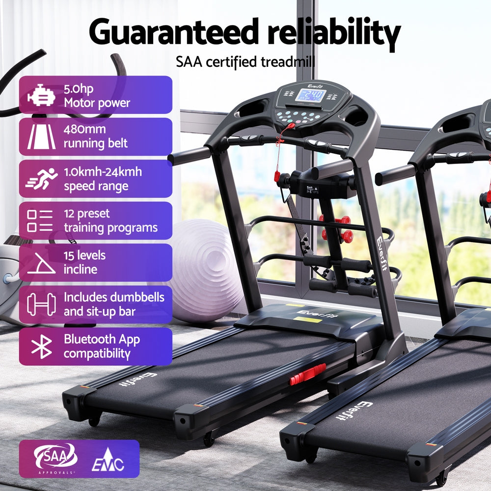 Online Fitness Depot Everfit electric treadmill with 480mm running belt, home gym fitness machine, and built-in massager.