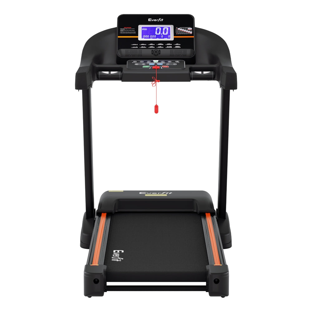 Everfit electric treadmill with auto incline for home gym fitness, featuring a 490mm wide running deck and digital controls.