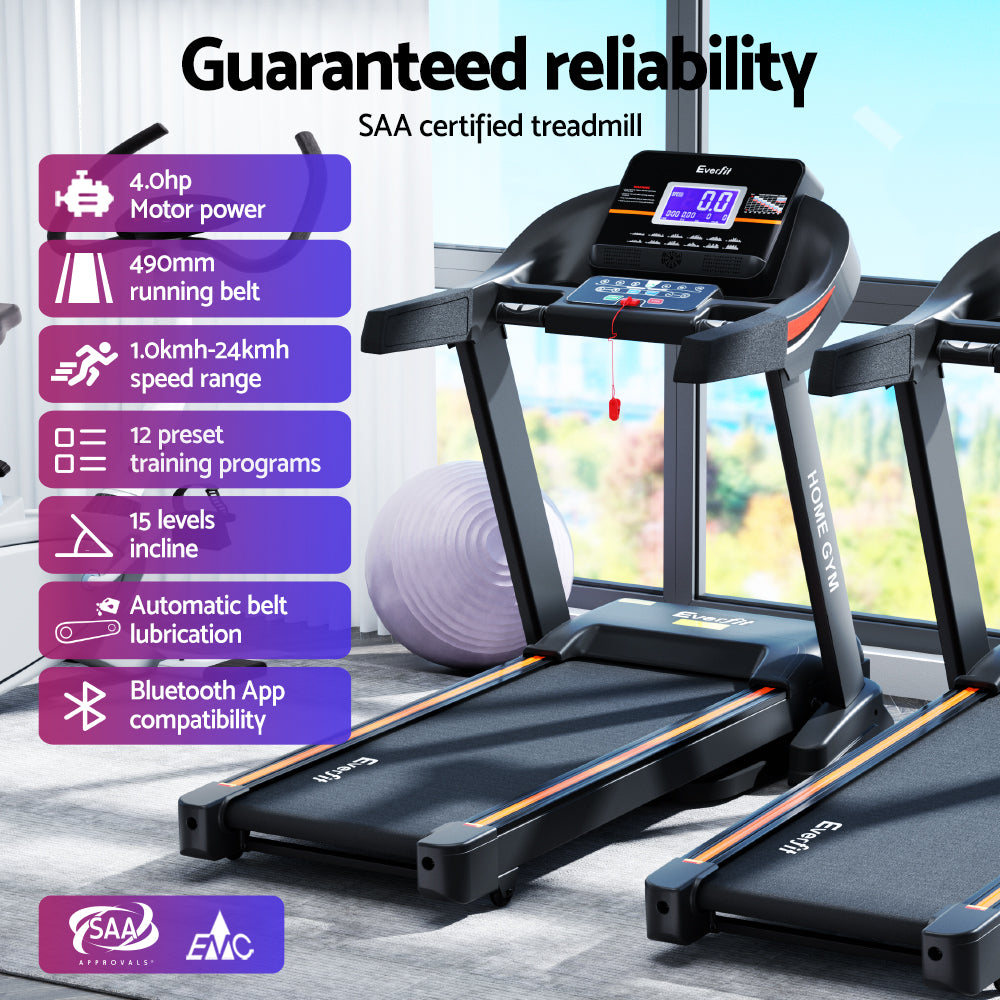 Everfit electric treadmill with auto incline for home gym fitness, showing the 490mm wide running belt and control panel.