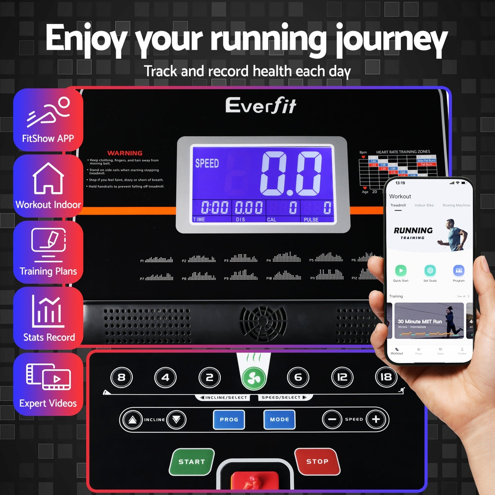 Everfit electric treadmill with auto incline for home gym fitness, featuring a 490mm running deck and digital controls.