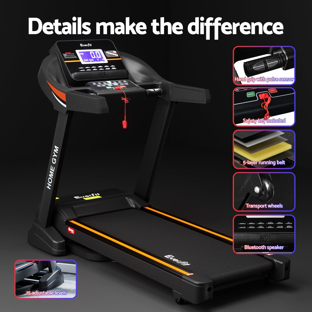Everfit electric treadmill with auto incline for home gym exercise, featuring a 490mm running area and digital controls.