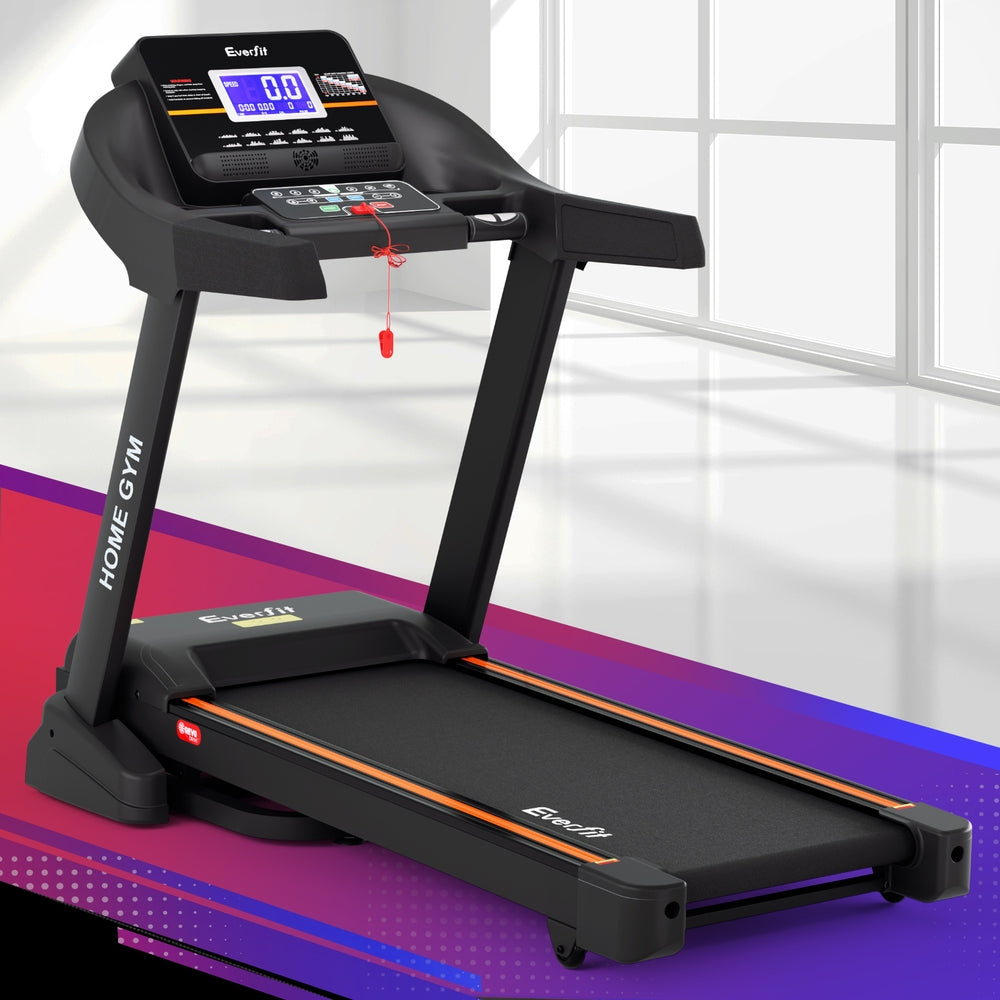 Everfit electric treadmill with auto incline for home gym workouts, featuring a 490mm belt and digital display.