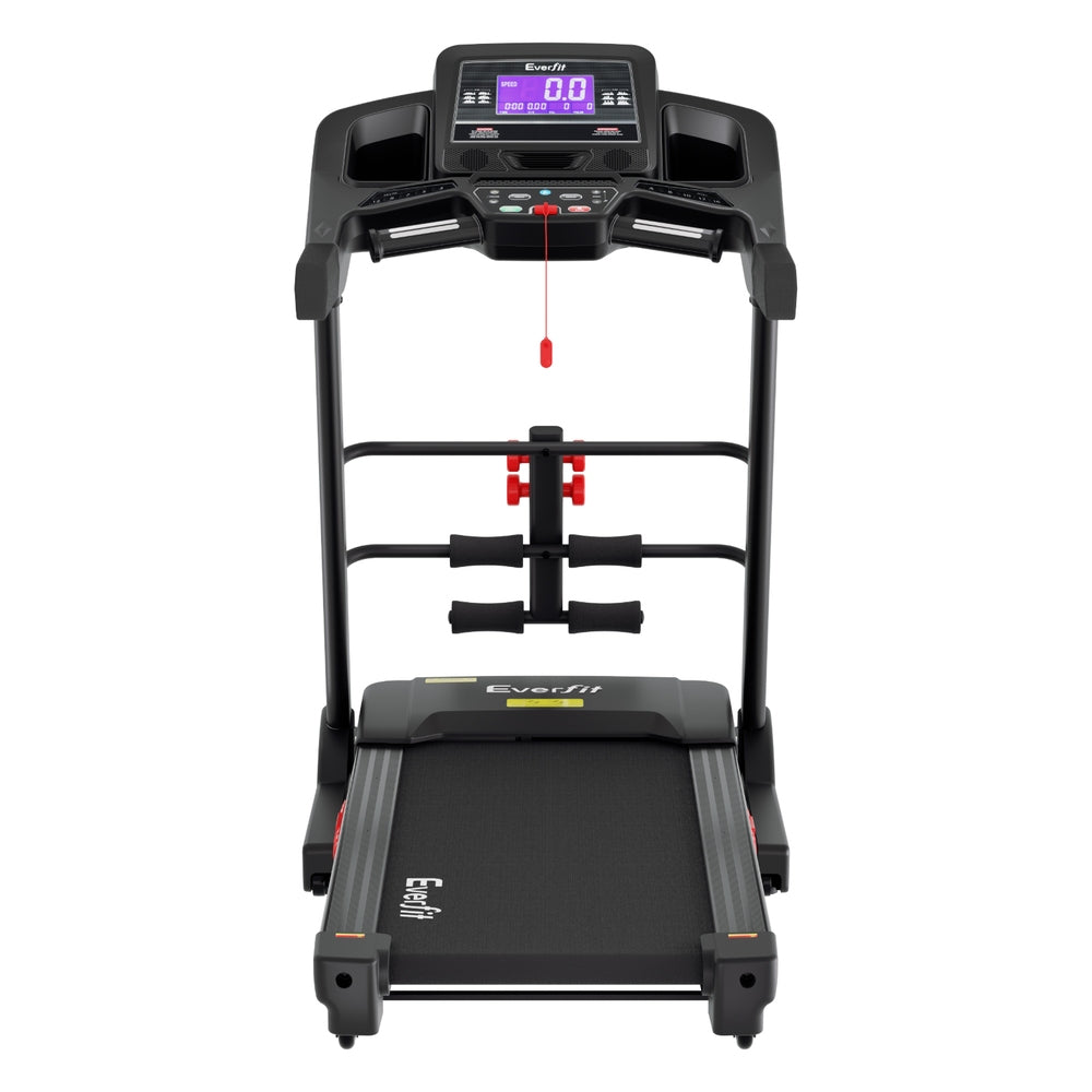 Everfit electric treadmill with sit-up bar, black and silver home gym fitness machine for cardio and strength workouts.