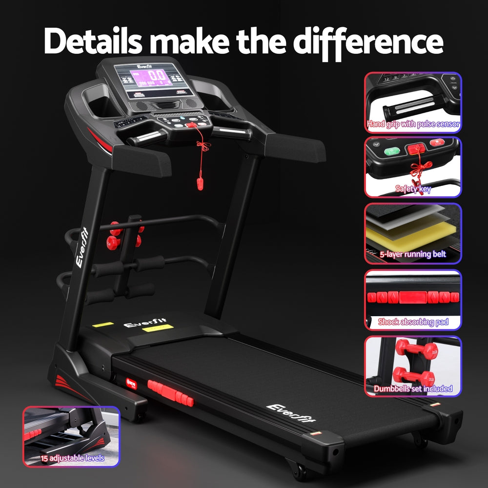 Electric treadmill from Online Fitness Depot with sit-up bar, compact 480mm width, ideal for home gym and fitness exercise routines.