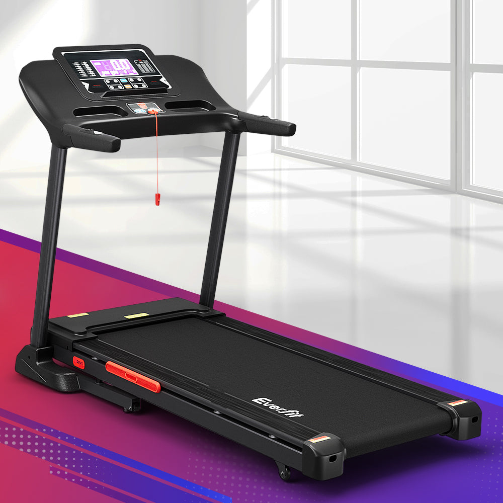 Everfit electric treadmill with auto incline, 520mm wide running surface, ideal for home gym fitness and cardio workouts.