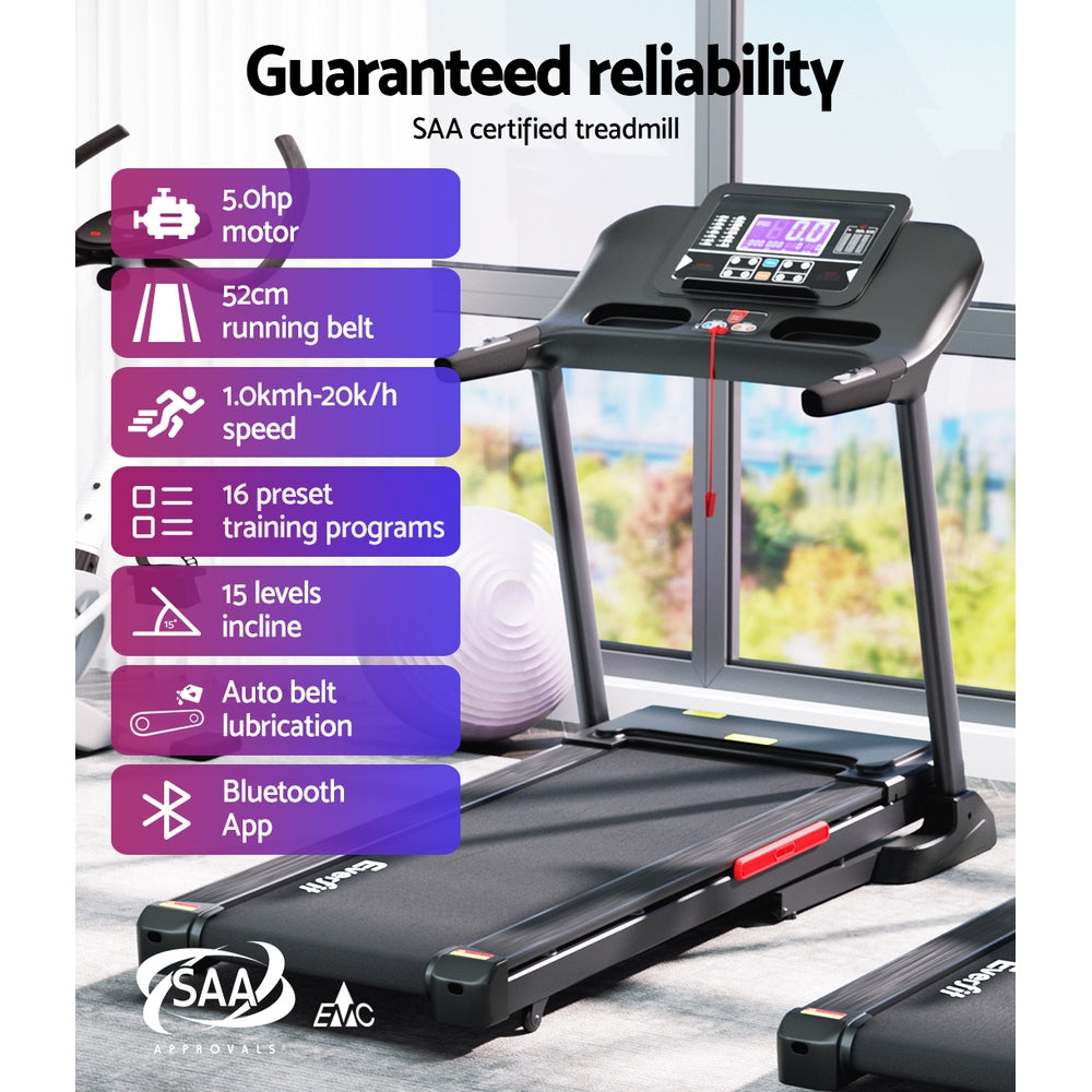 Everfit electric treadmill with auto incline, 520mm width, for home gym workouts, featuring a sturdy frame and digital control panel.