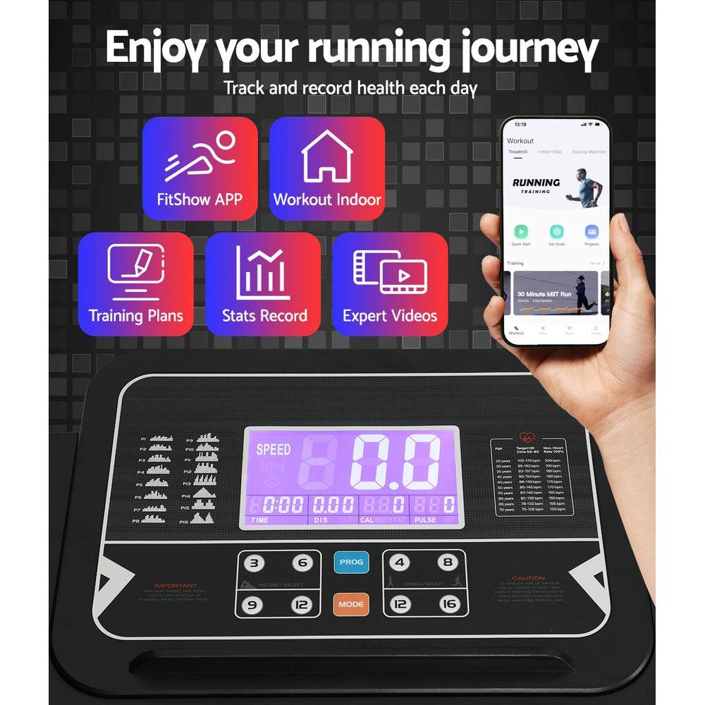 Everfit electric treadmill with auto incline for home fitness, featuring a 520mm wide running deck and digital controls.