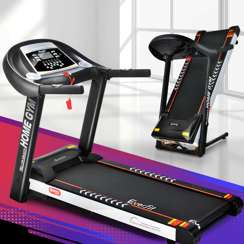 Everfit electric treadmill with auto incline, compact home gym exercise machine showing running belt and control panel