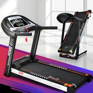 Everfit electric treadmill with auto incline, compact home gym exercise machine showing running belt and control panel