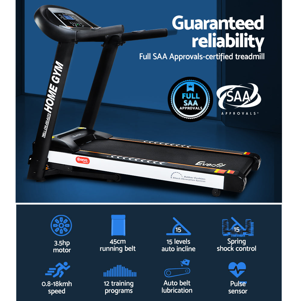 Electric treadmill by Online Fitness Depot with auto incline, 450mm width, for home gym and fitness exercise routines.
