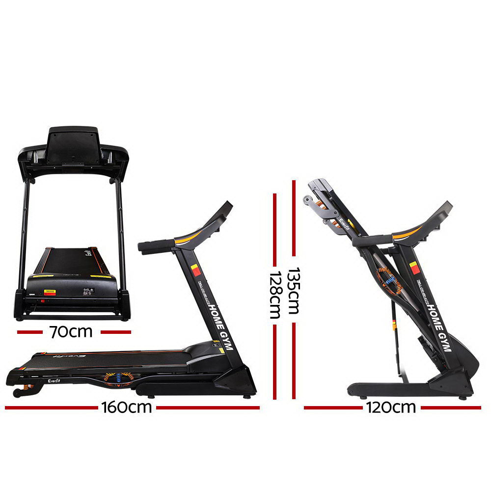 Everfit electric treadmill with auto incline, 480mm belt, for home gym exercise and fitness workouts.