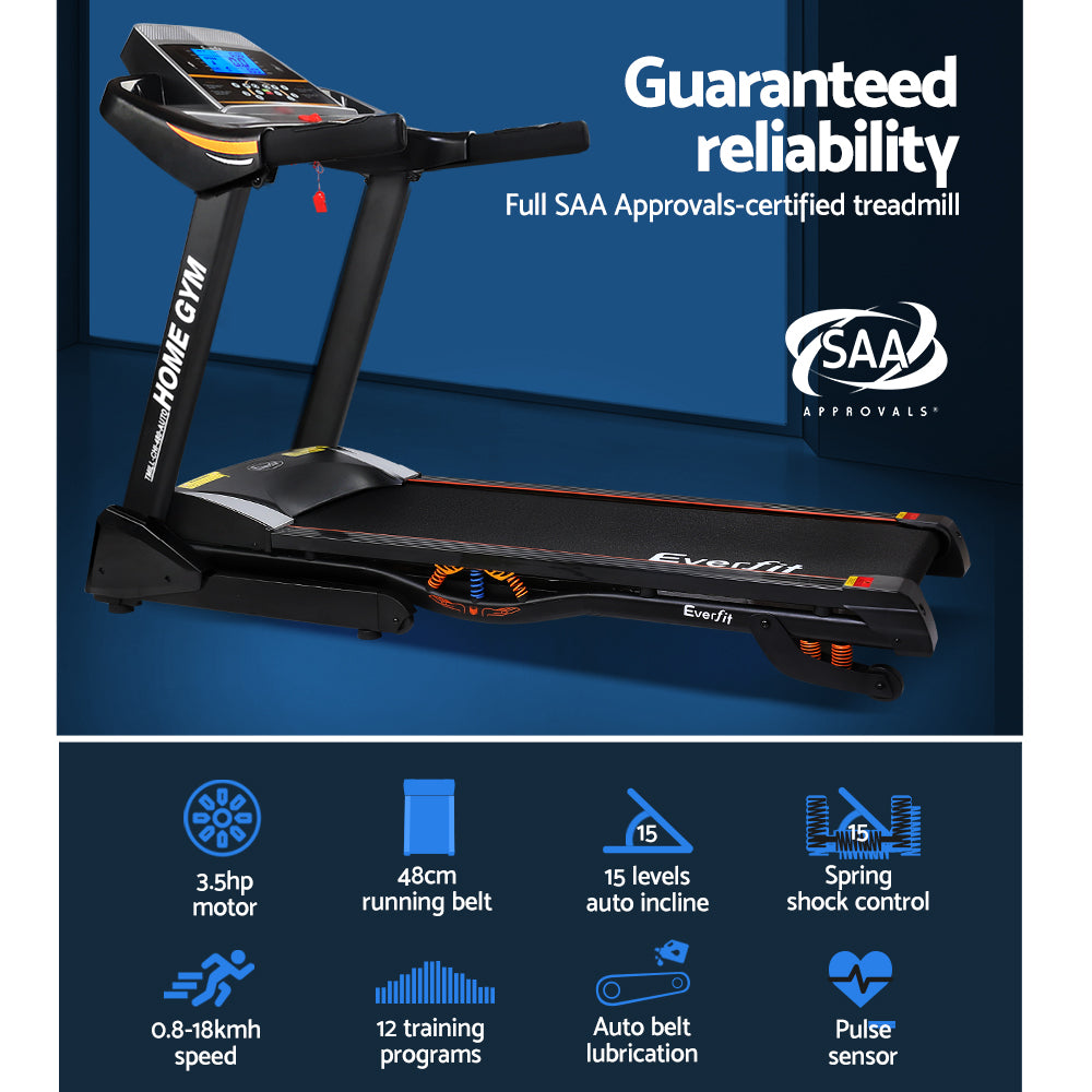 Everfit electric treadmill with auto incline, 480mm belt, suitable for home gym and fitness exercises.