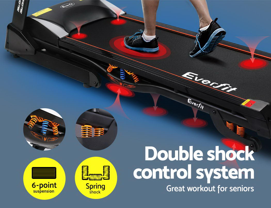 Everfit electric treadmill for home gym workouts with built-in massager, 480mm running surface, by Online Fitness Depot.