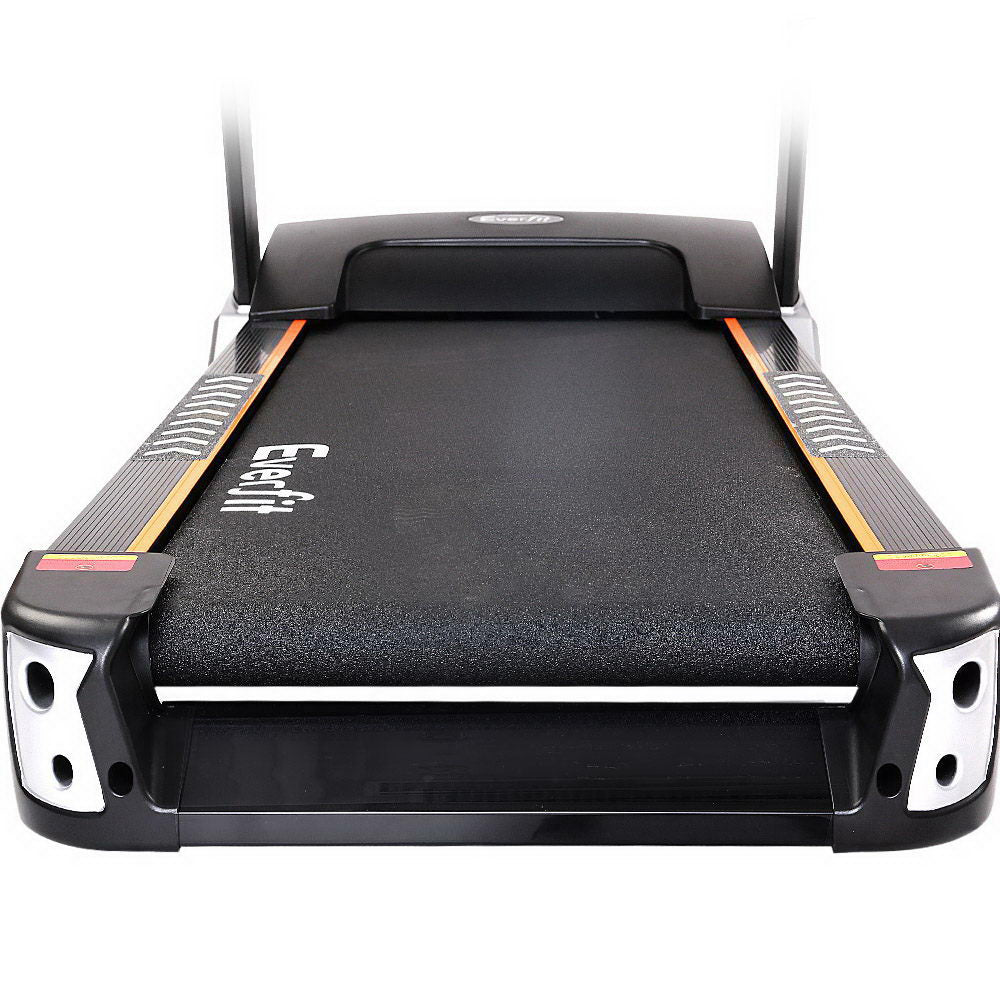 Everfit electric treadmill with auto incline, 480mm belt, for home gym fitness, showing the running surface and control panel