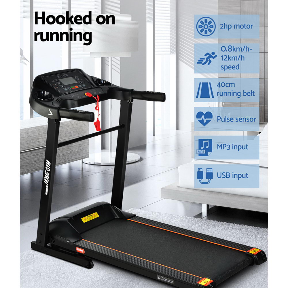 Foldable Everfit electric treadmill for home gym, 400mm width, fitness exercise machine with digital display and safety features.