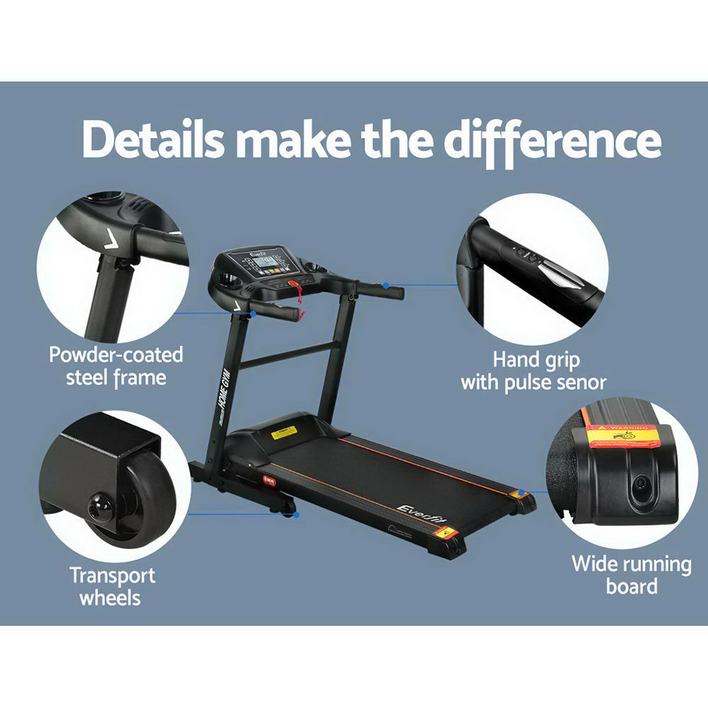 Foldable Everfit electric treadmill with 400mm belt for home gym fitness, from Online Fitness Depot.