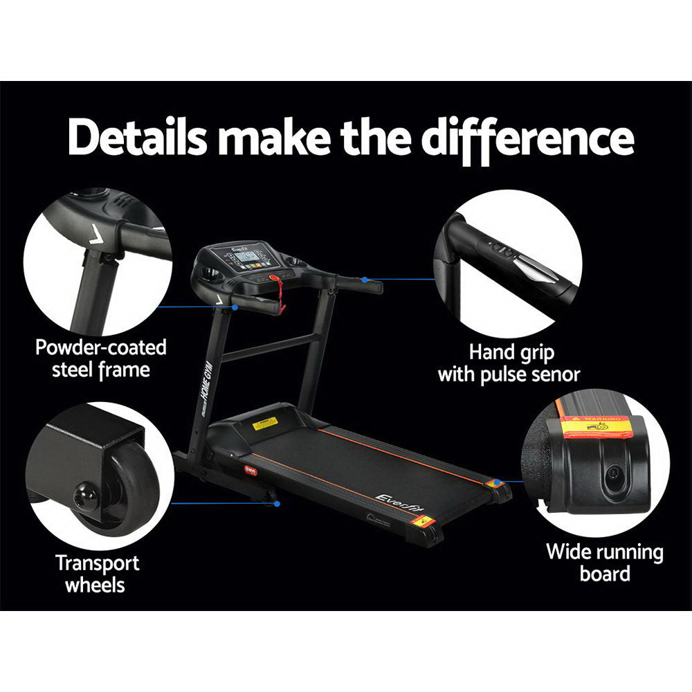 Foldable Everfit electric treadmill for home gym, featuring a 400mm belt, ideal for fitness and exercise routines.